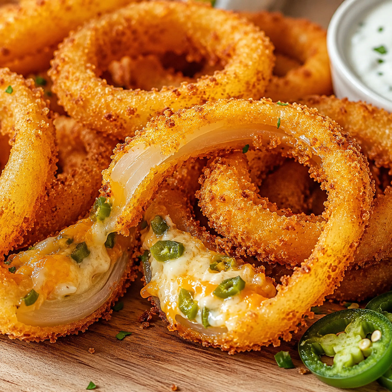 Crispy jalapeno popper stuffed onion rings with ranch and jalapeno slices