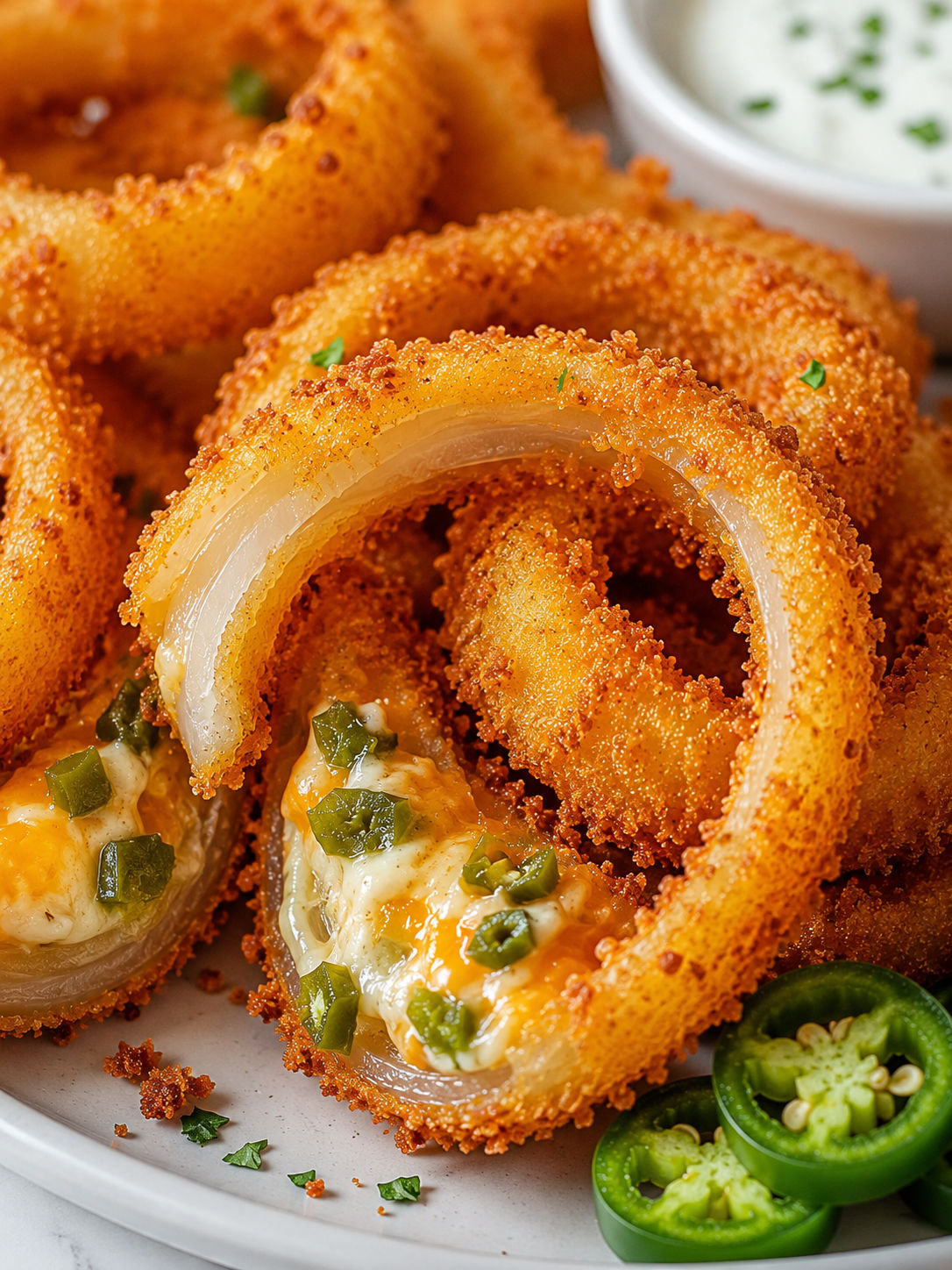 Crispy Jalapeno Popper Stuffed Onion Rings, plated and served