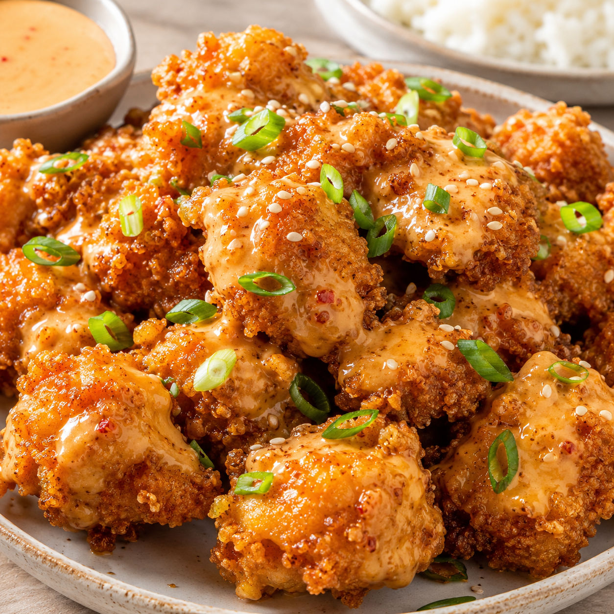 Crispy bang bang chicken with sweet chili sauce and scallions