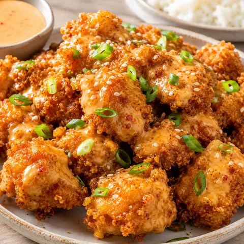 Crispy bang bang chicken with sweet chili sauce and scallions