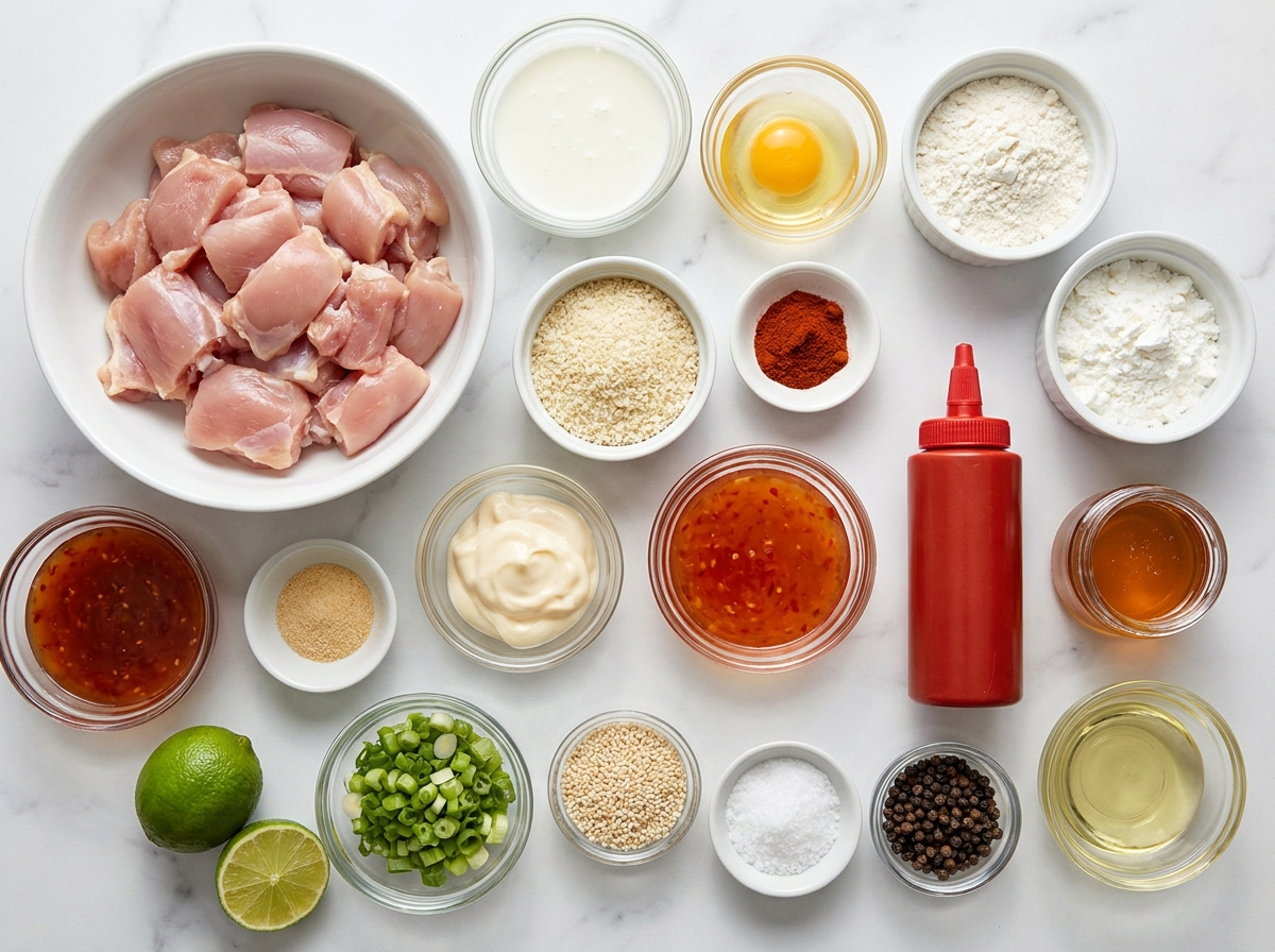 Ingredients for crispy bang bang chicken with sweet chili sauce