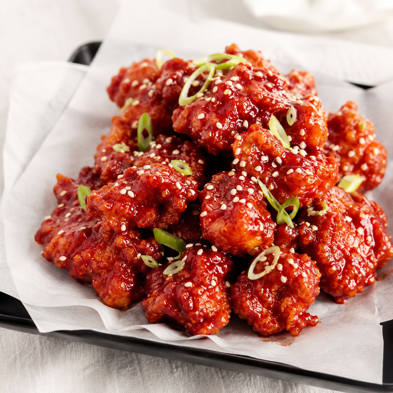 Crispy Korean chicken with glossy gochujang sauce, sesame, and scallions