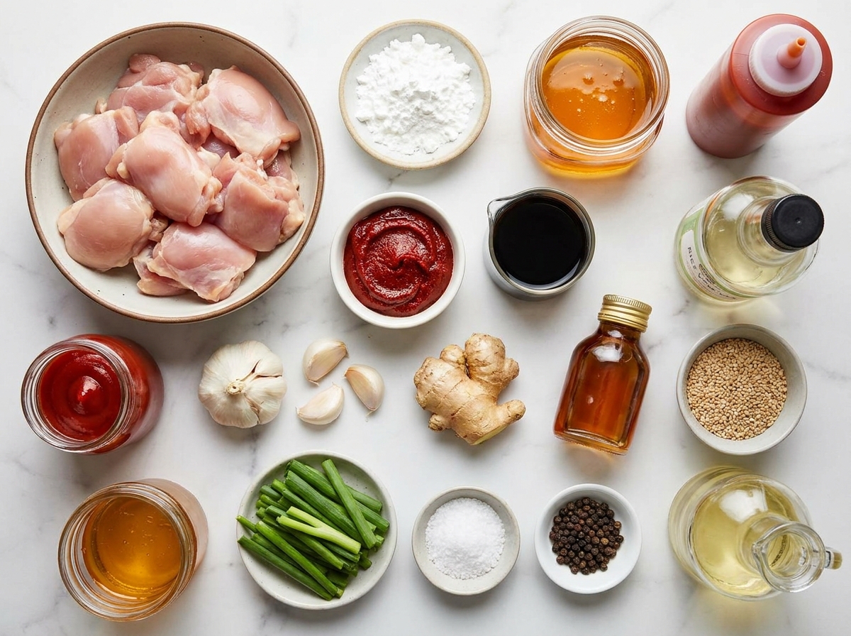 Ingredients for crispy Korean chicken with gochujang sauce on a wood surface