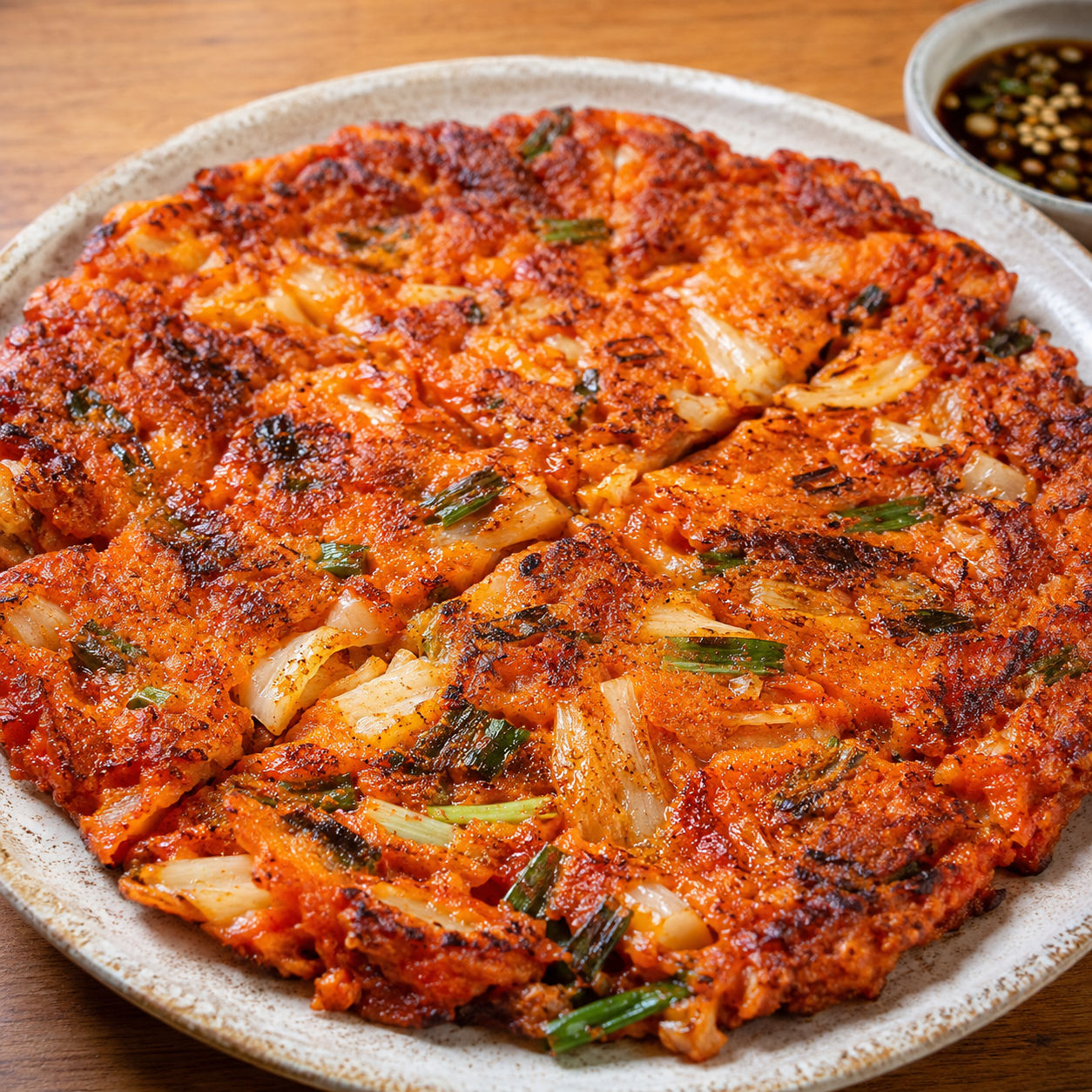 Crispy kimchi pancake with scallions and soy dipping sauce