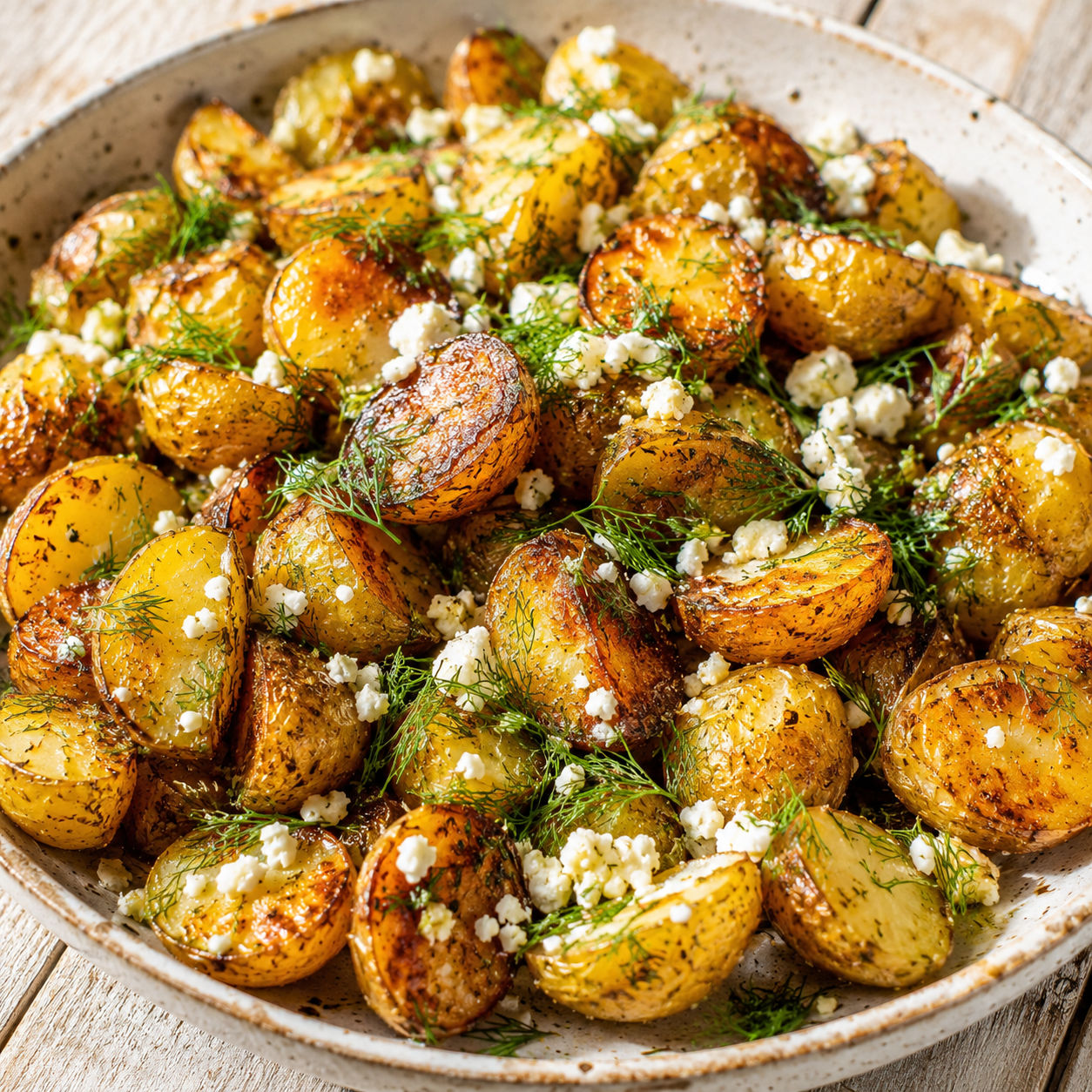 Crispy lemon-feta roasted potatoes with fresh dill on a rustic platter