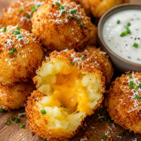 Crispy mashed potato cheese bites with cheddar, Parmesan, and chives