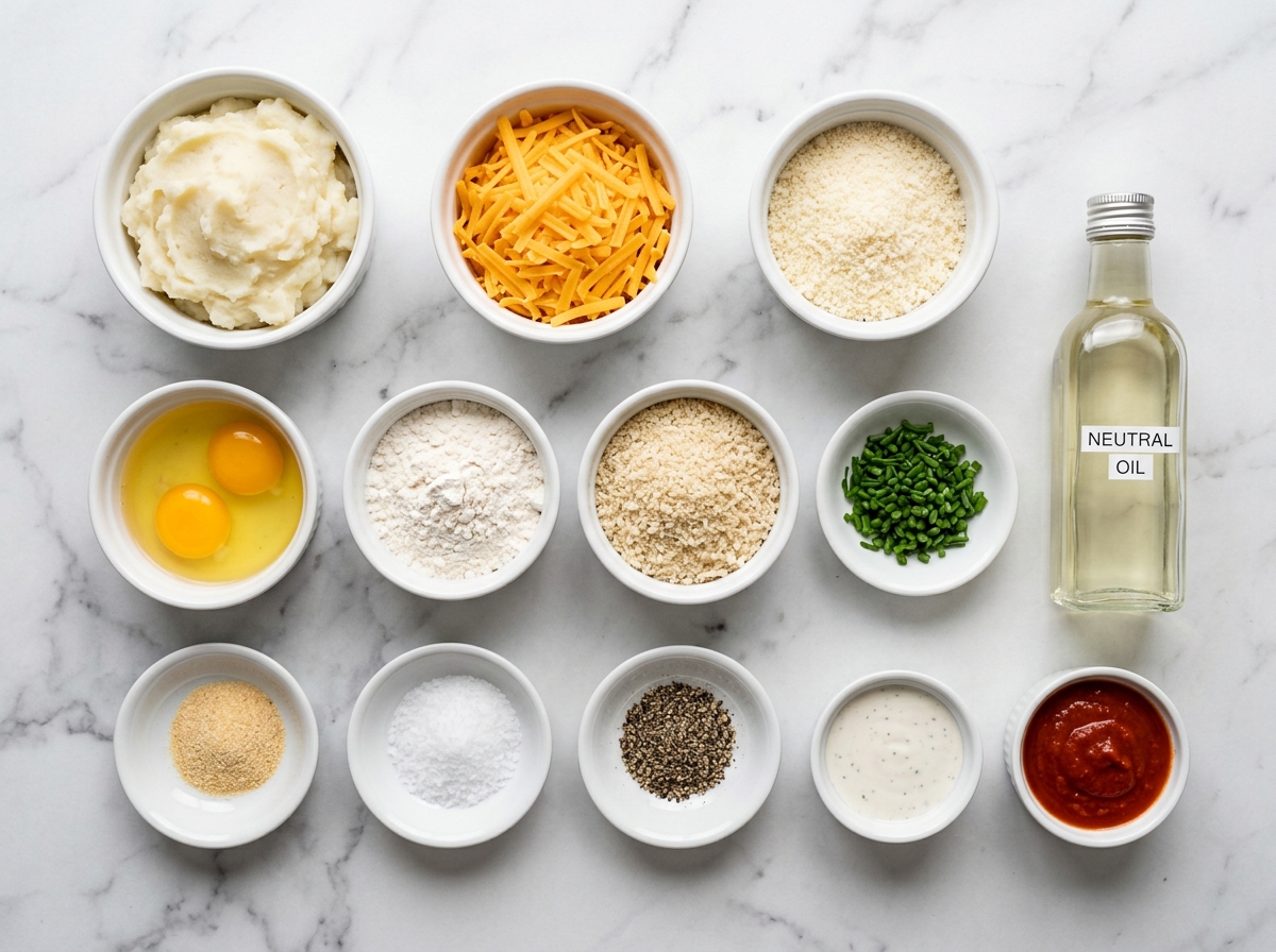 Ingredients for mashed potato cheese bites with cheddar and panko