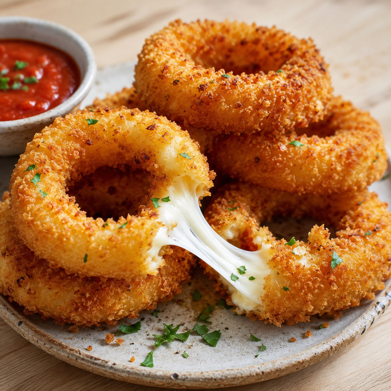 Crispy mozzarella-filled onion rings with marinara and melted cheese