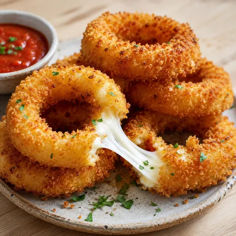 Crispy mozzarella-filled onion rings with marinara and melted cheese