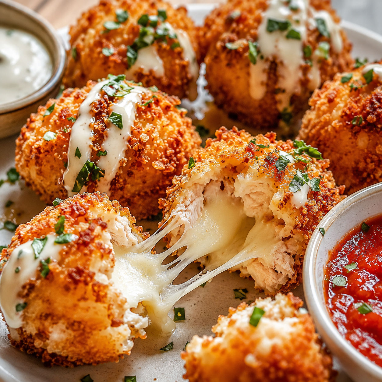 Crispy mozzarella-stuffed chicken bombs with ranch and parsley