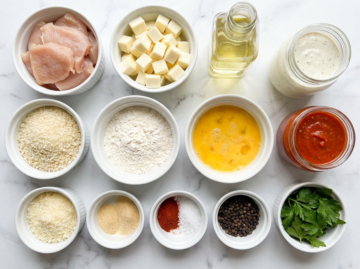 Ingredients for mozzarella-stuffed chicken bombs with panko and cheese