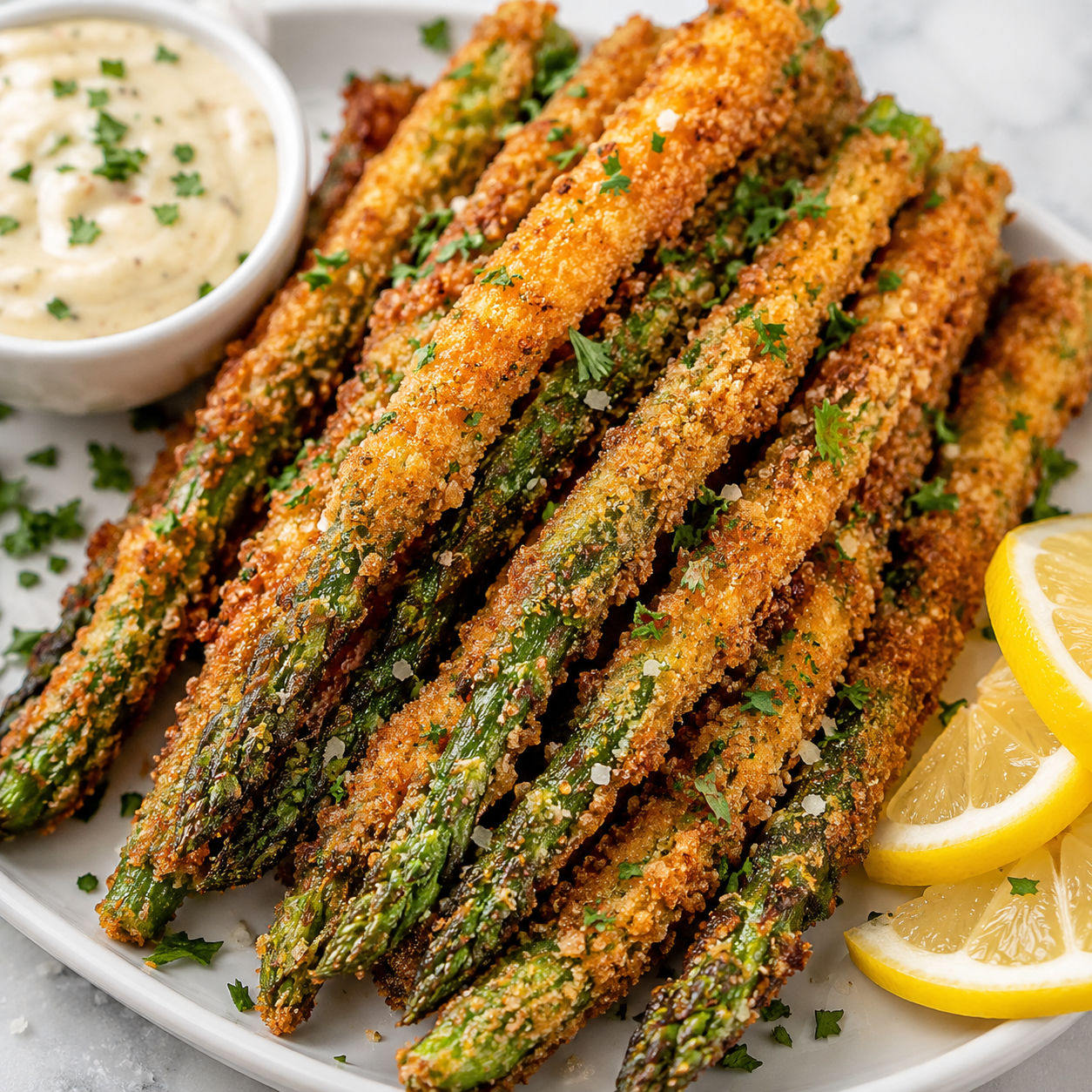 Crispy parmesan asparagus sticks with garlic lemon dip