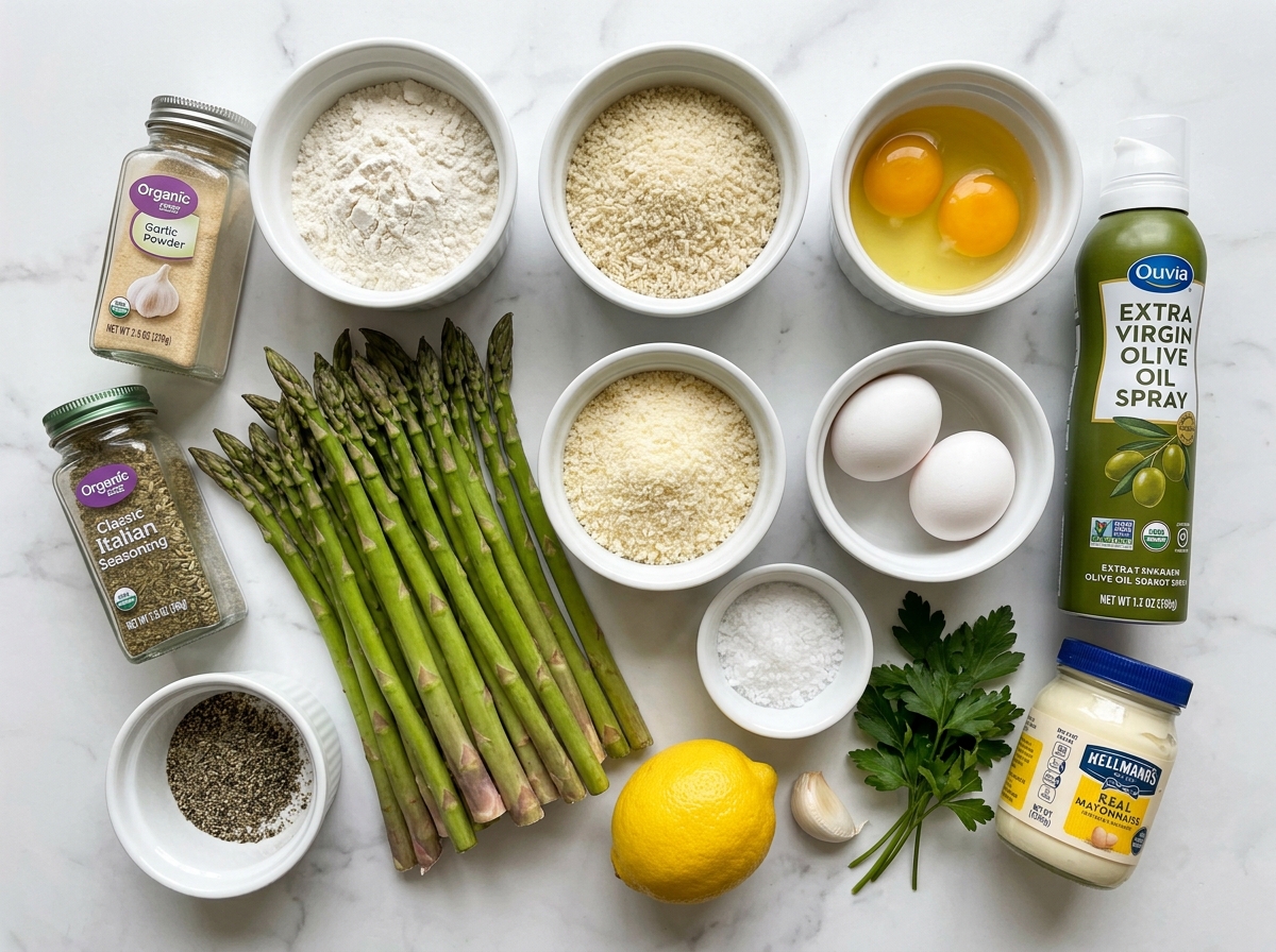 Ingredients for crispy parmesan asparagus sticks on a wood surface