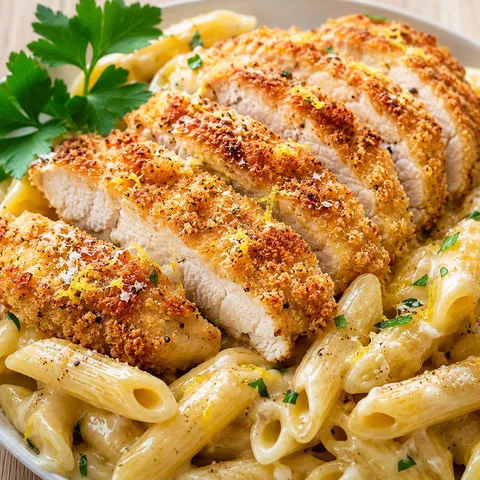 Crispy parmesan chicken cutlets over creamy lemon pasta with parsley and pepper