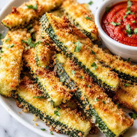Crispy Parmesan garlic zucchini fries with marinara and parsley