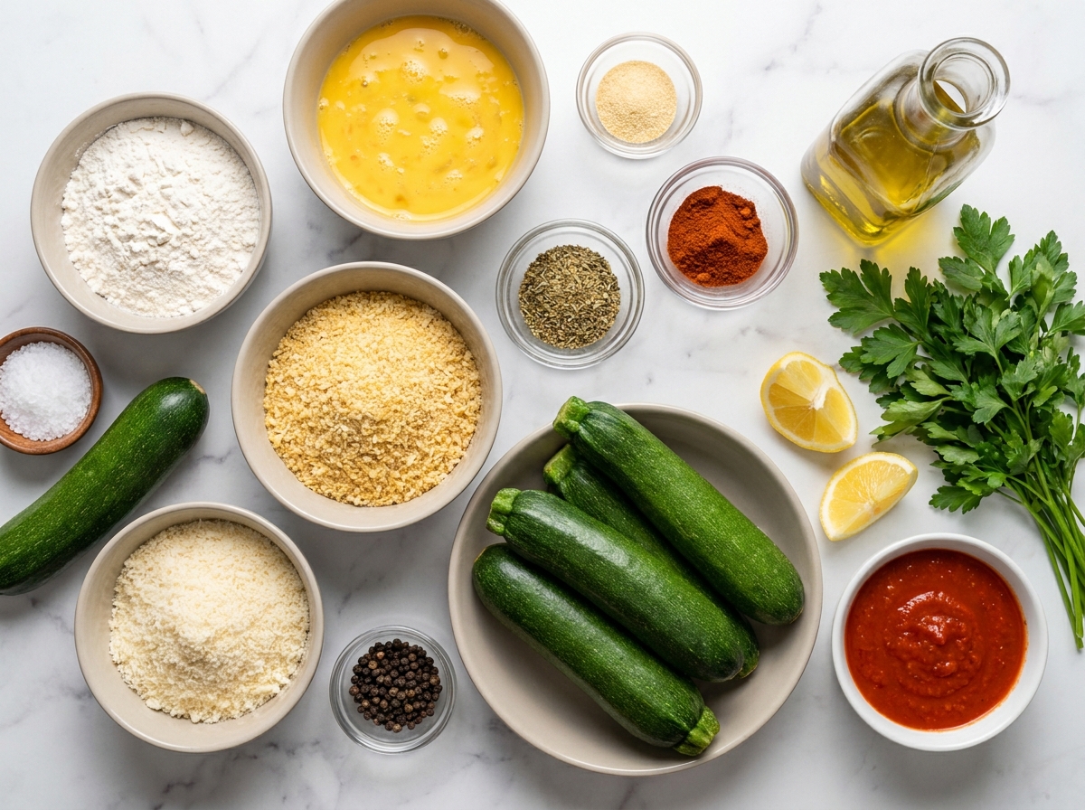 Ingredients for Parmesan garlic zucchini fries with panko and cheese