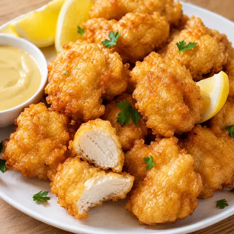 Crispy Passover chicken nuggets with lemon and dipping sauce