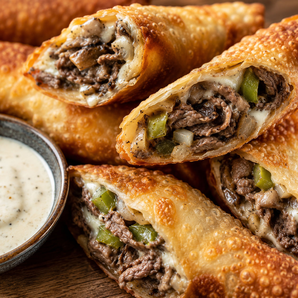 Crispy Philly cheesesteak egg rolls with melted provolone and dipping sauce
