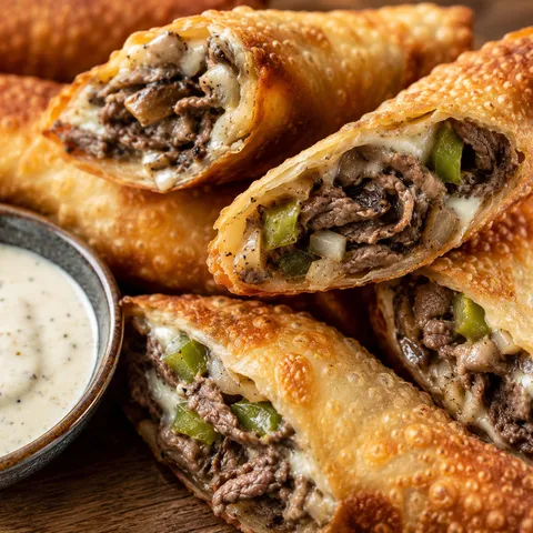 Crispy Philly cheesesteak egg rolls with melted provolone and dipping sauce