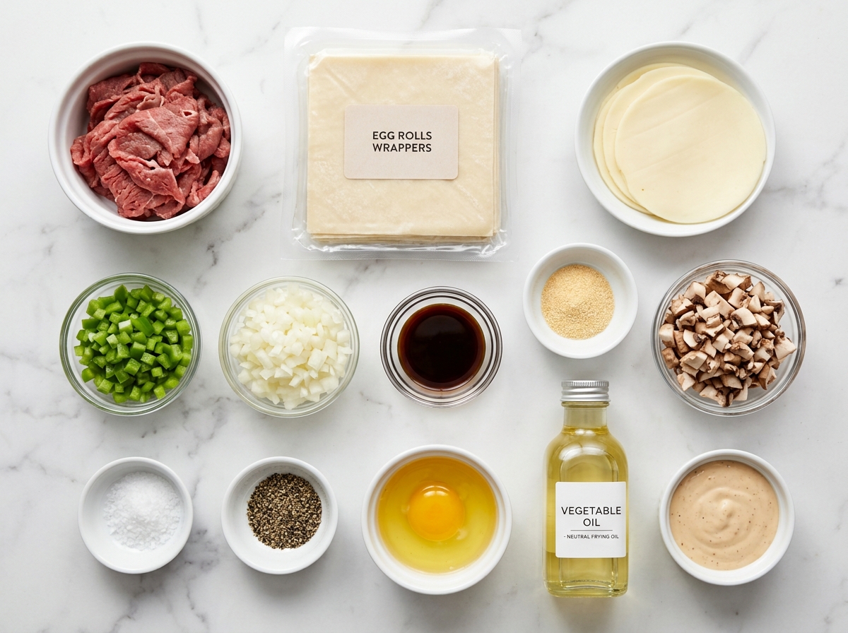 Ingredients for Philly cheesesteak egg rolls with steak, wrappers, peppers, and cheese