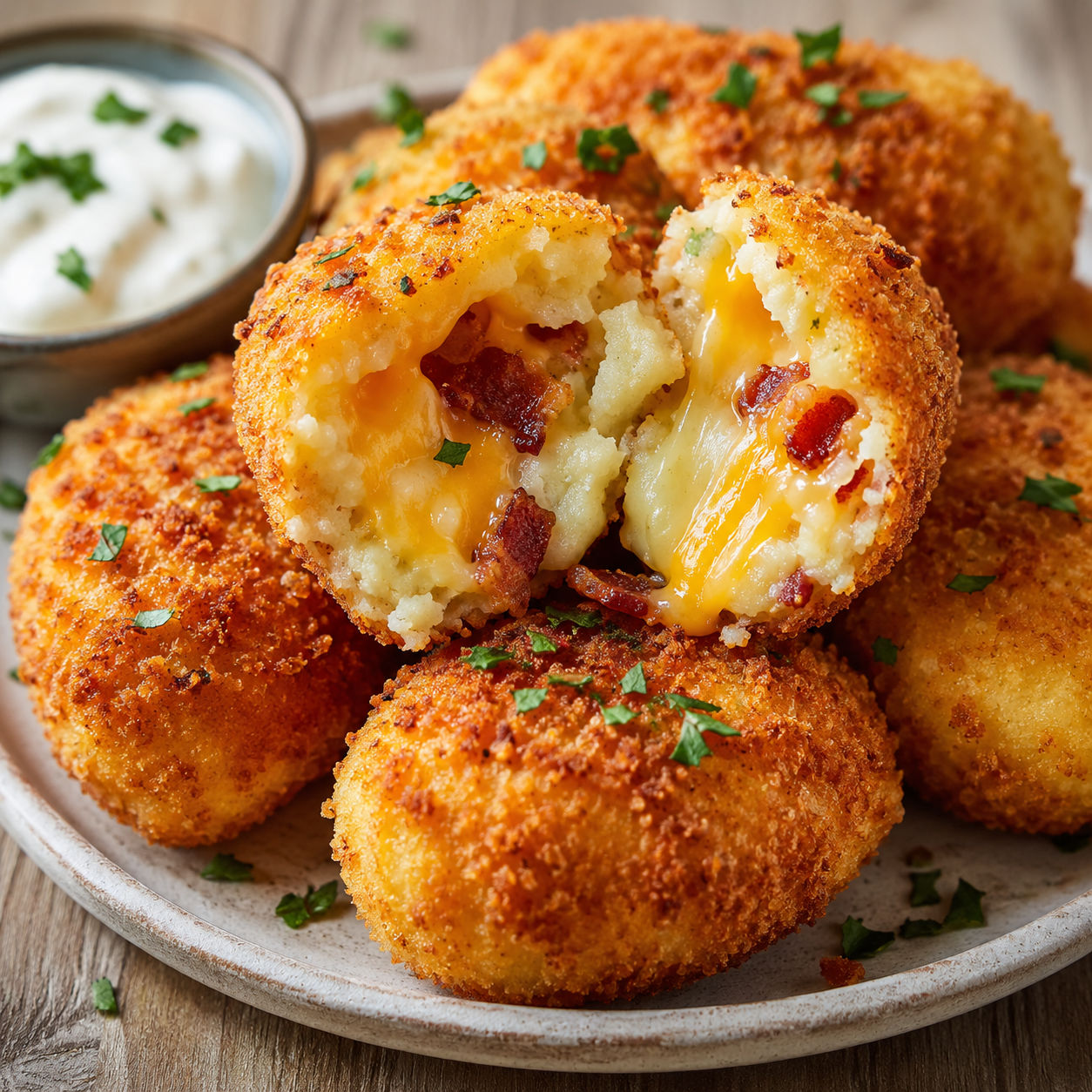Crispy potato croquettes with bacon and melted cheese on a plate
