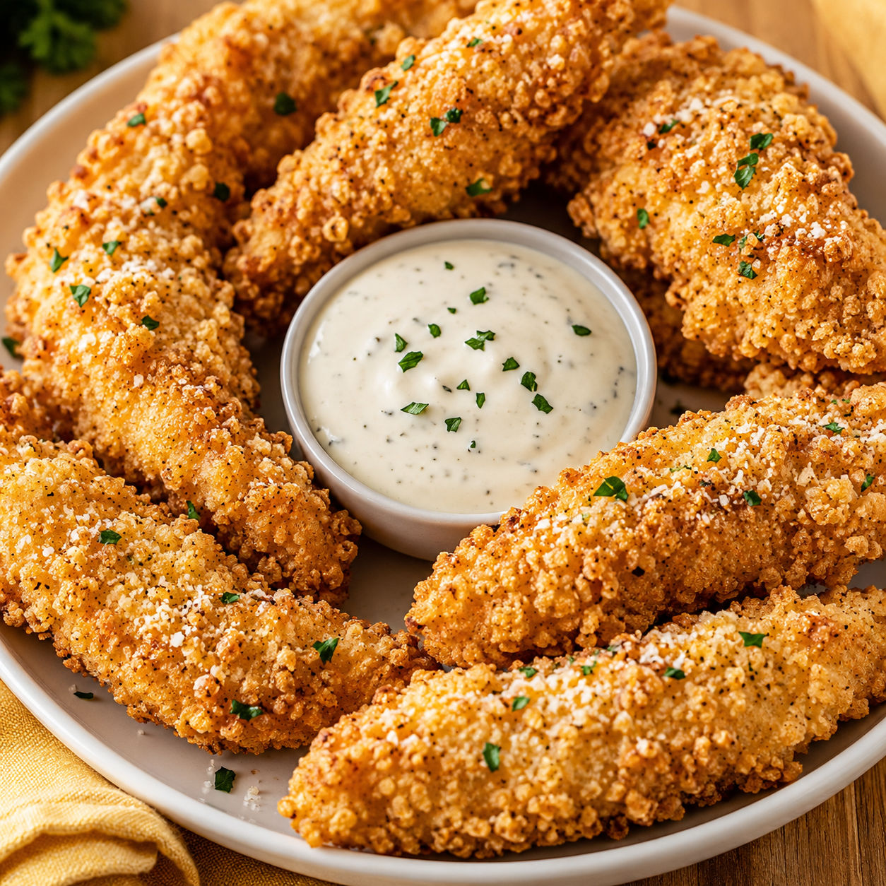 Crispy ranch Parmesan panko chicken tenders with creamy dip
