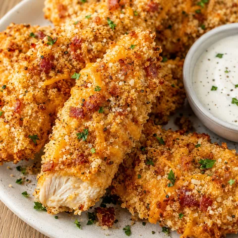 Crispy ranch Parmesan crack chicken tenders with ranch dip and parsley