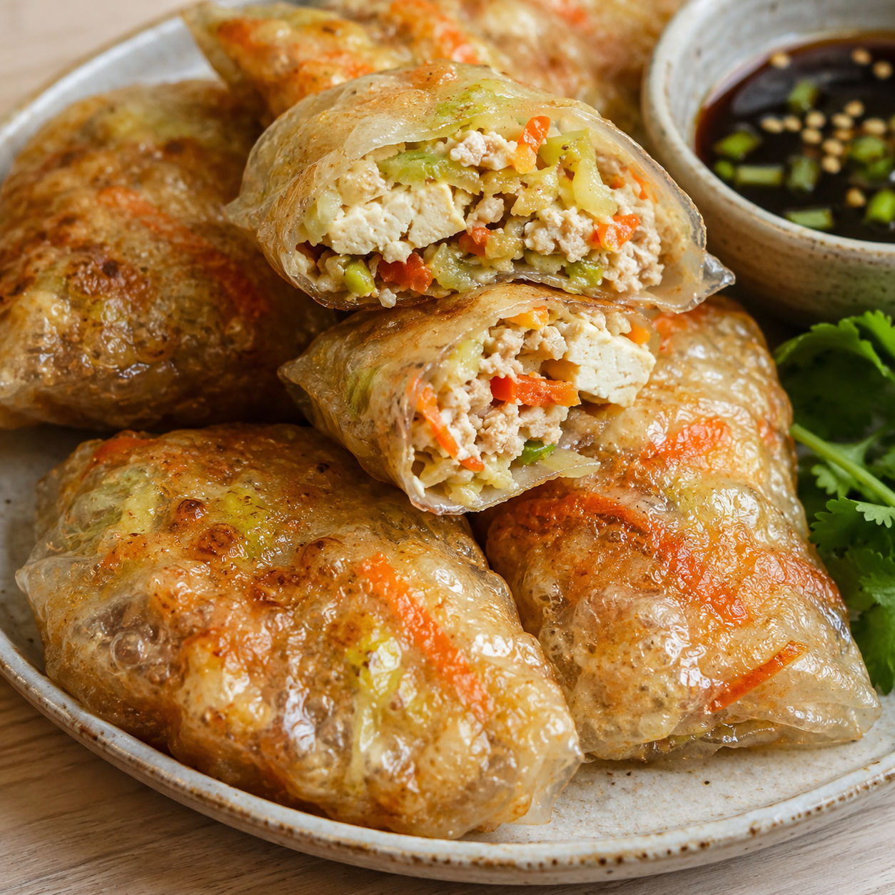 Crispy rice paper dumplings with tofu vegetables and tamari dipping sauce