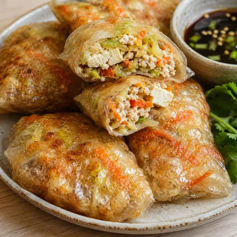 Crispy rice paper dumplings with tofu vegetables and tamari dipping sauce