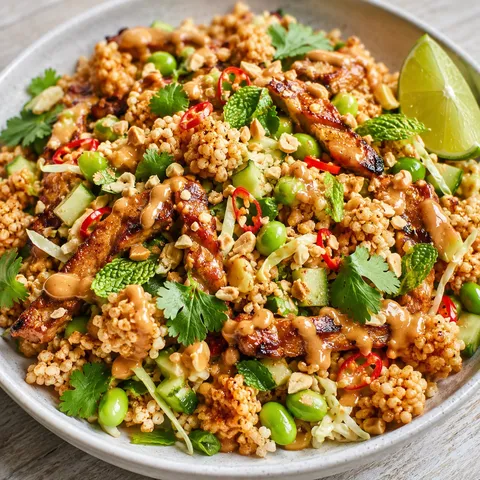 Crispy rice salad with satay chicken, herbs, peanuts, and peanut dressing