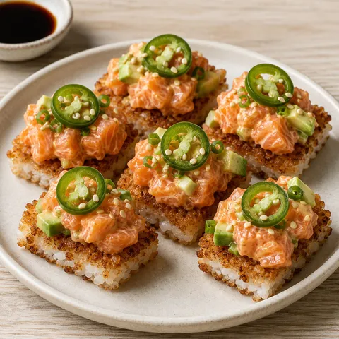 Crispy rice with spicy salmon, avocado, jalapeno, scallions, and sesame