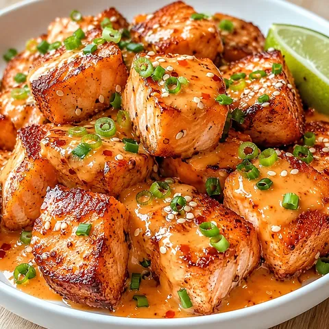 Crispy salmon bites with spicy sweet chili sauce and scallions