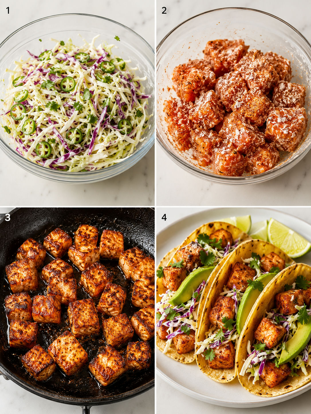 Four cooking steps for crispy salmon tacos from slaw to assembly