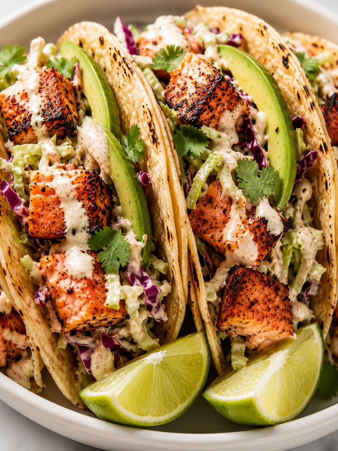 Crispy salmon tacos packed with slaw, avocado, cilantro, and lime