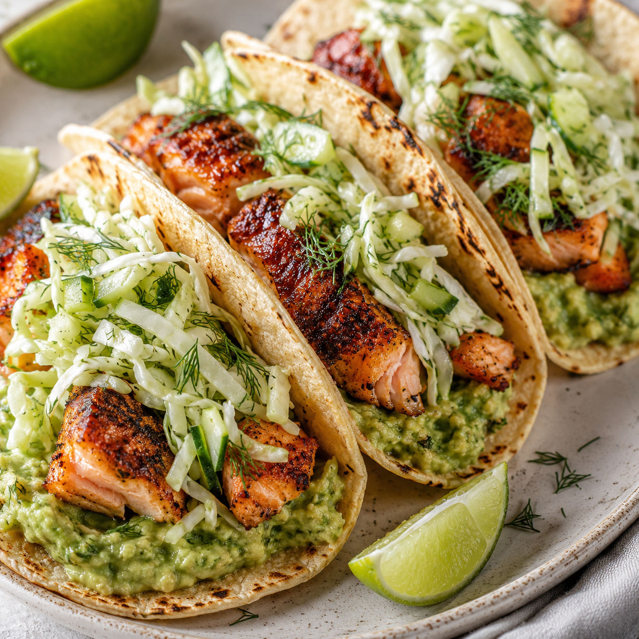 Crispy salmon tacos with cabbage slaw, avocado mash, dill and lime