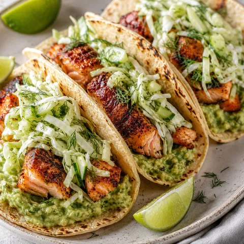 Crispy salmon tacos with cabbage slaw, avocado mash, dill and lime