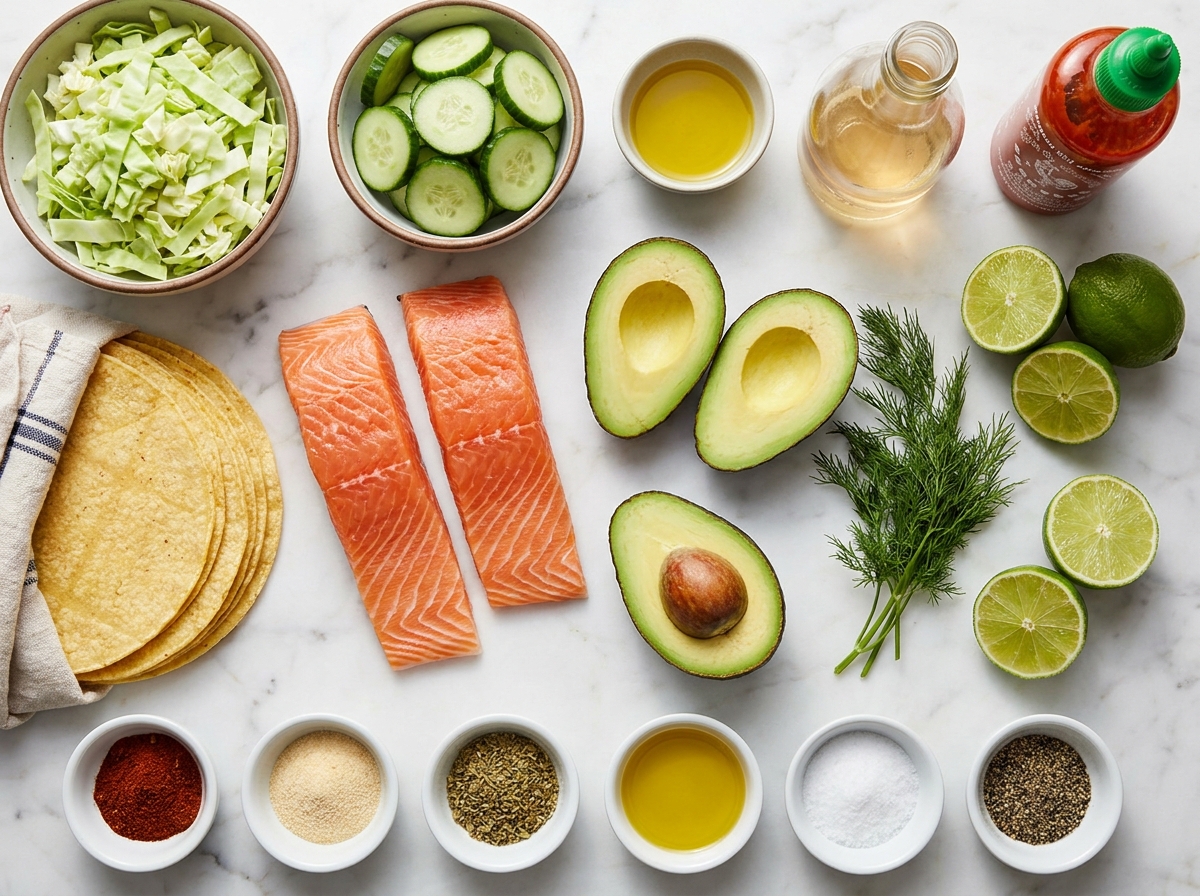 Salmon taco ingredients with cabbage, avocado, tortillas, dill and lime