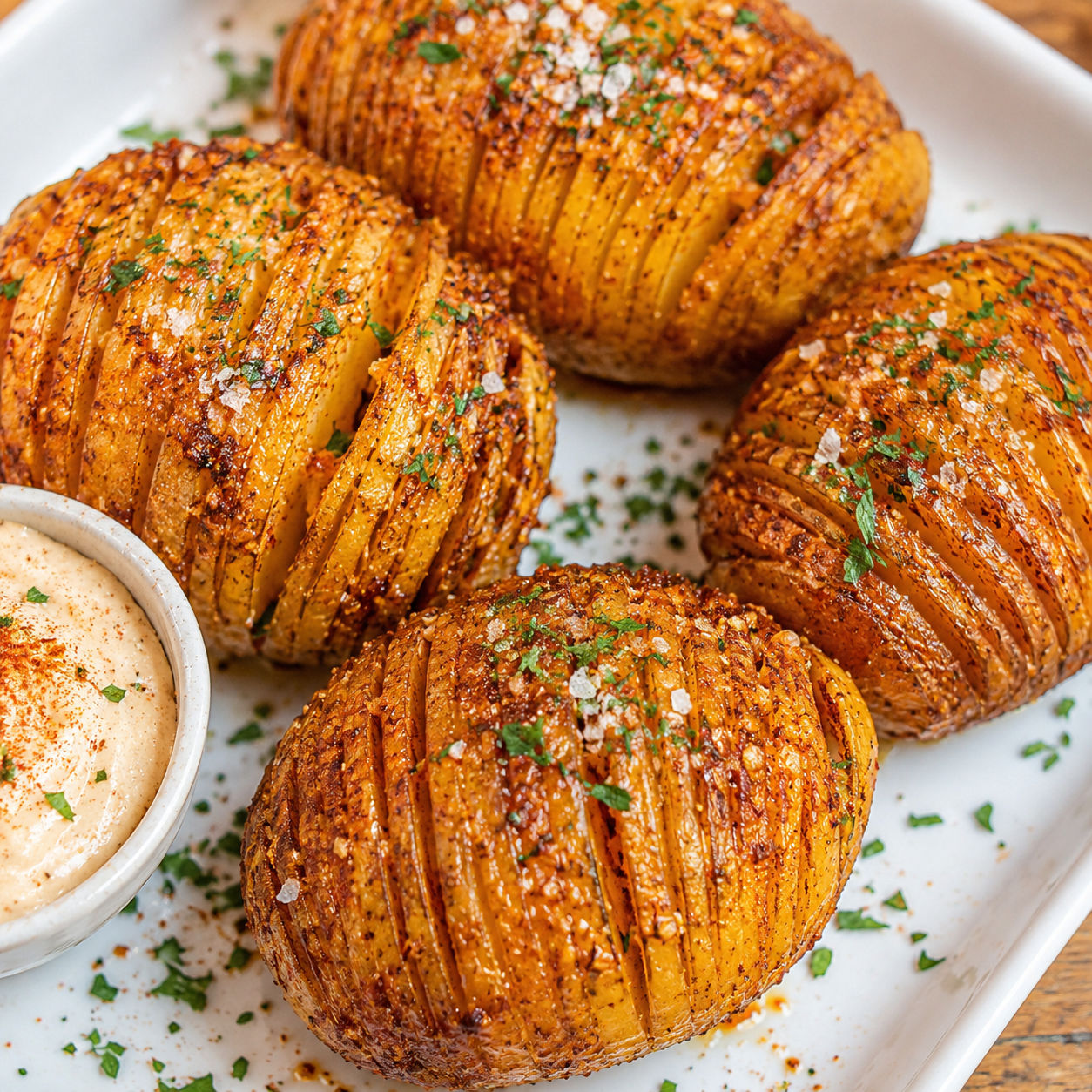 Crispy sliced potatoes with seasoned olive oil and parsley on a white platter