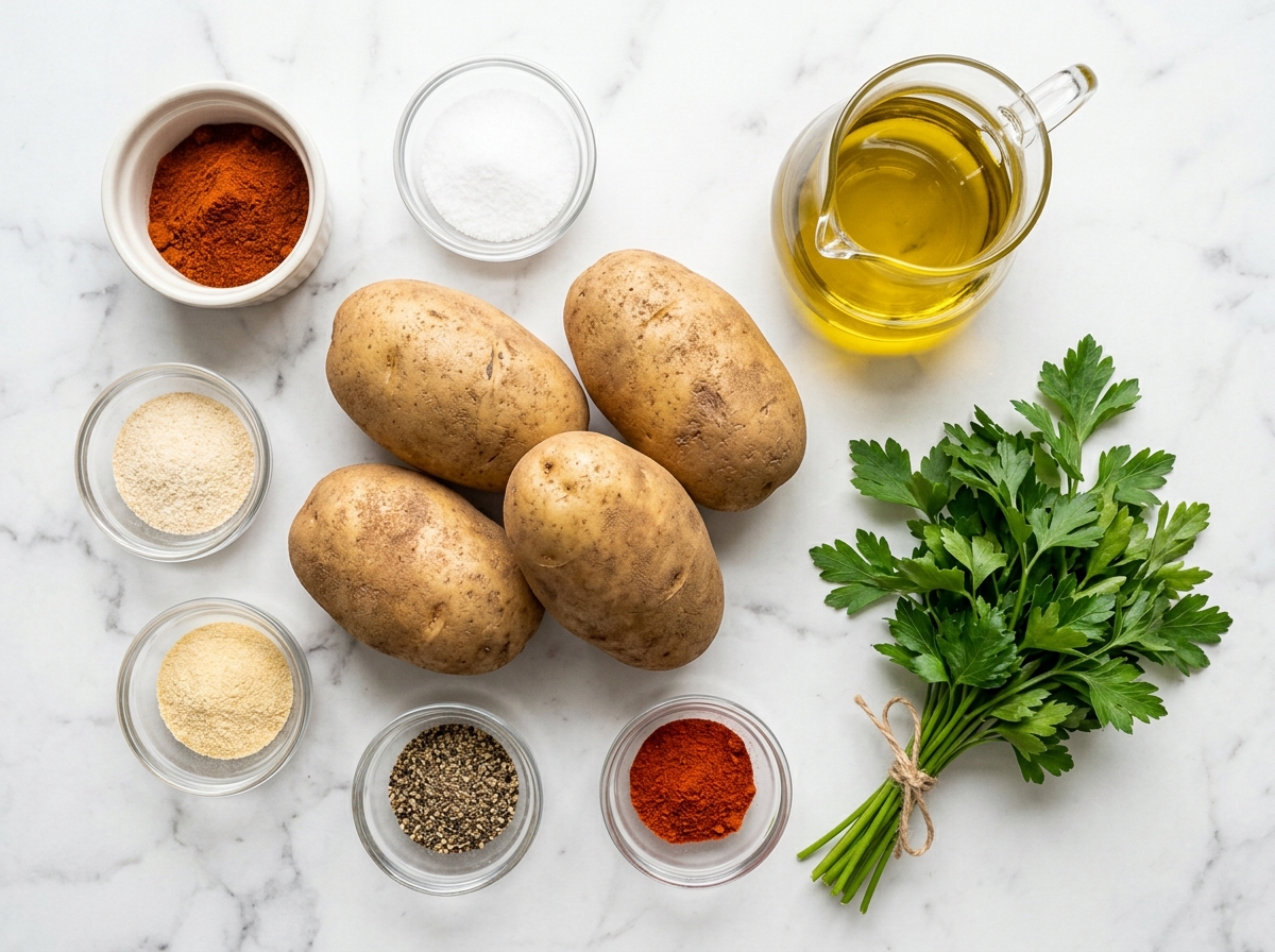 Russet potatoes, olive oil, spices, and parsley for crispy sliced potatoes