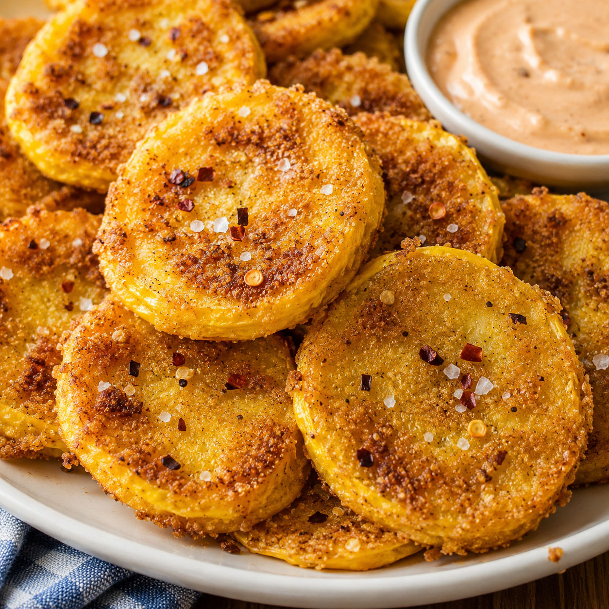 Golden fried yellow squash rounds with red pepper flakes and dipping sauce