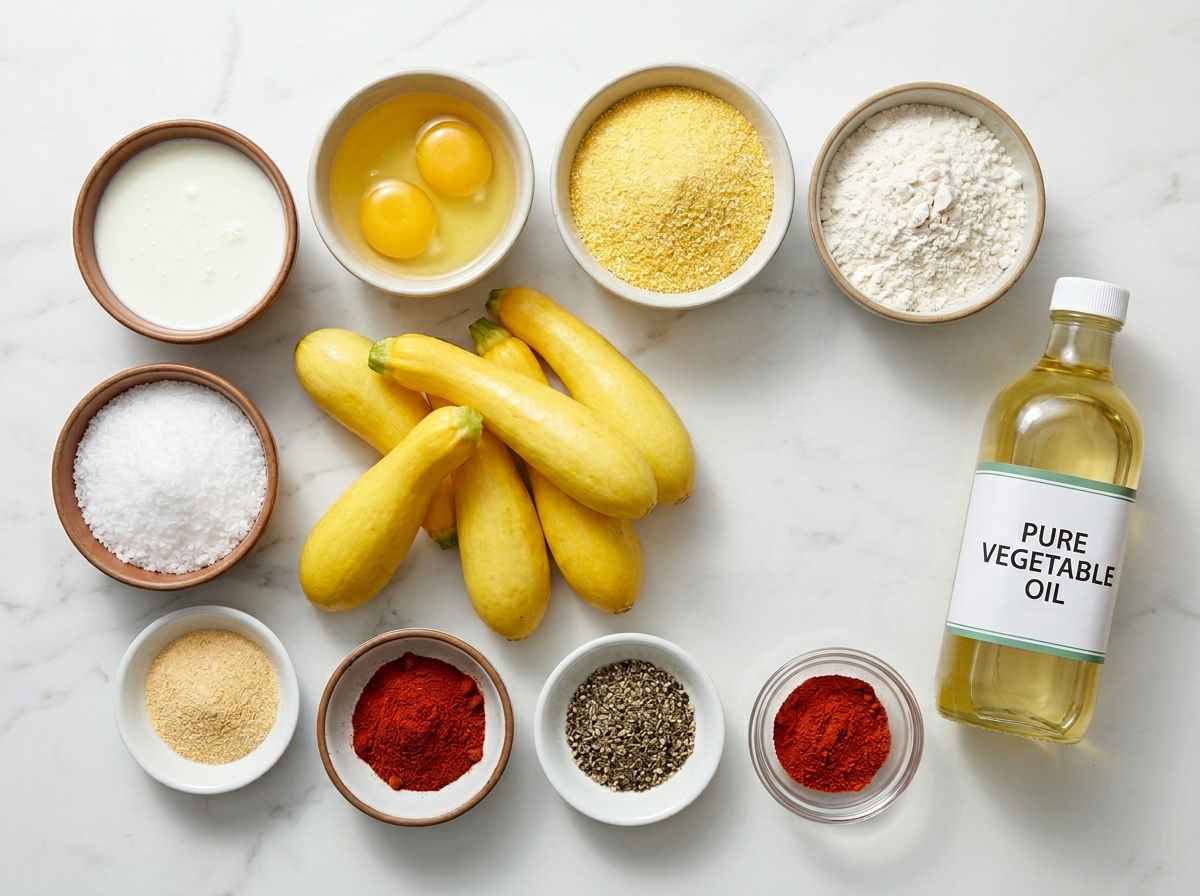 Yellow squash, buttermilk, eggs, cornmeal, flour, spices, and oil