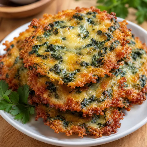Golden spinach and cheese crisps stacked on a white plate