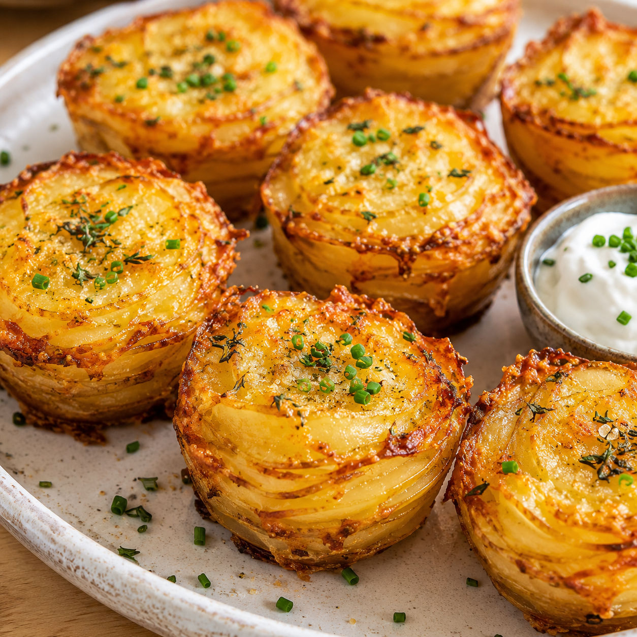 Crispy stacked potatoes with Parmesan, thyme, and chives on a white platter