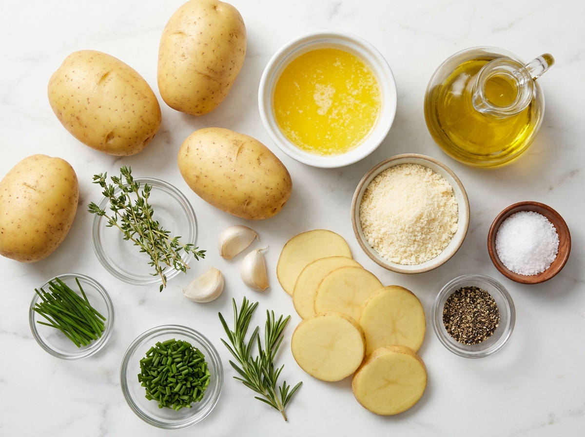 Ingredients for crispy stacked potatoes with Yukon Gold potatoes and Parmesan