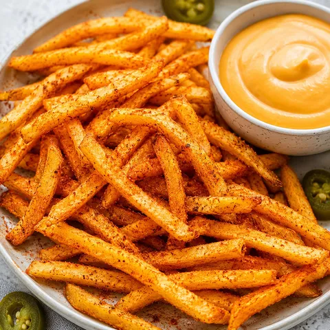 Seasoned nacho fries with warm orange cheese sauce and jalapeno slices