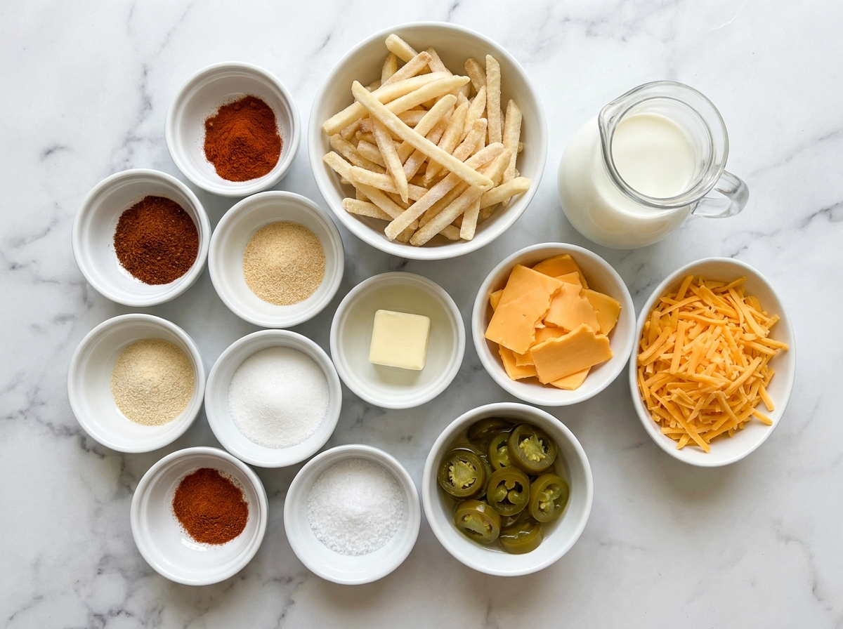 Ingredients for nacho fries with spices, cheese, milk, and jalapenos
