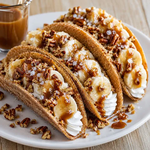 Crispy banana caramel tacos with nuts and whipped cream
