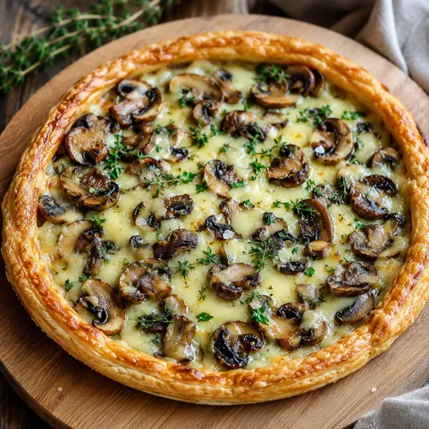Crispy mushroom and gouda tart on a wooden board with parsley