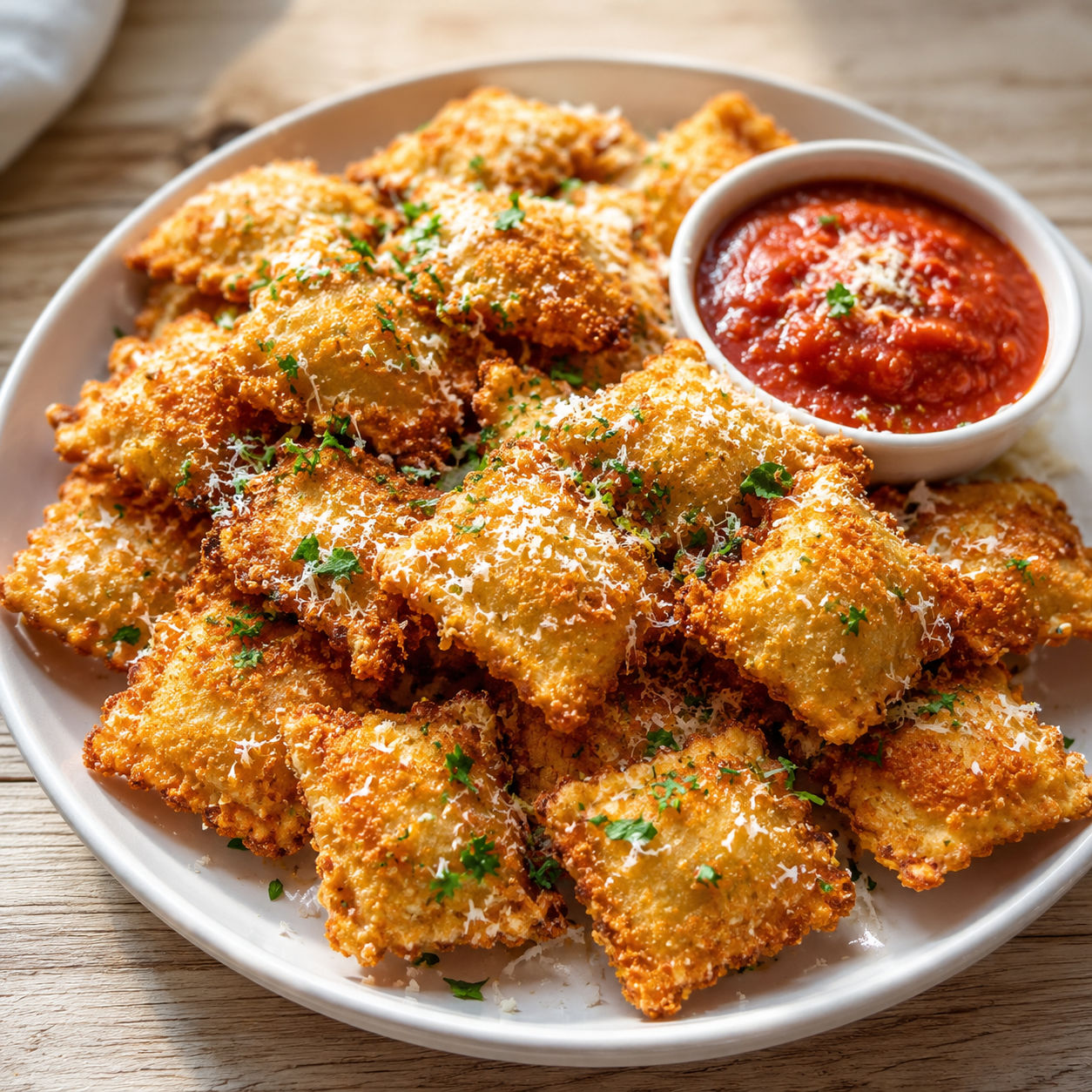 Crispy toasted ravioli with parmesan, parsley, and marinara