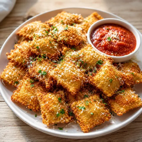 Crispy toasted ravioli with parmesan, parsley, and marinara